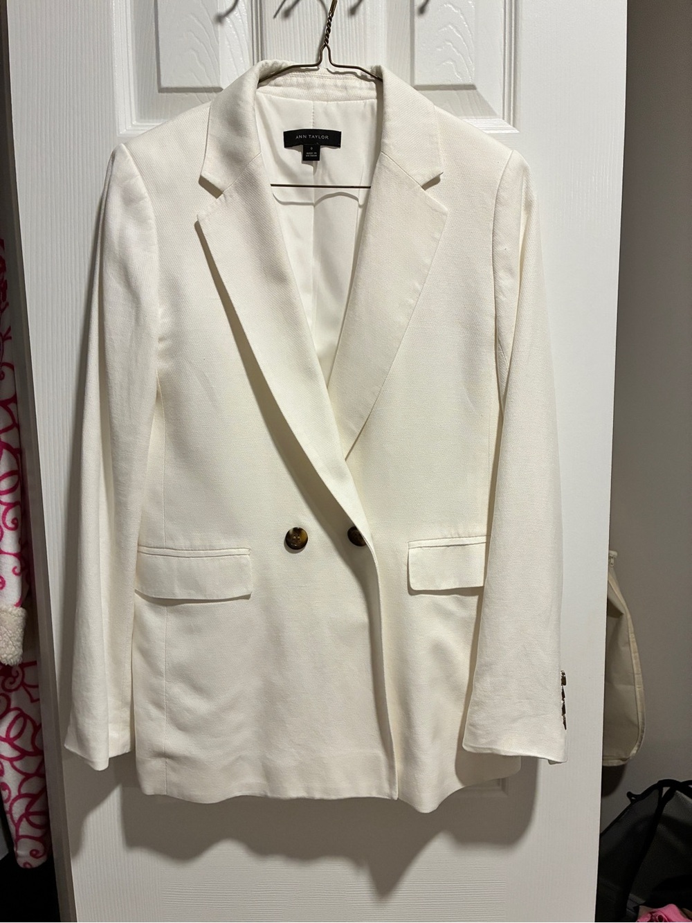 Ann Taylor White LinenDouble-Breasted Blazer - Oversized